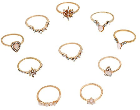 Vipomkowa Gold Spoon Ring 10Pcs Gold Retro Ethnic Rhinestone Rings Set For Women Girls Vintage Stackable Boho Finger Rings Alloy Rhinestone Rings Retro Geometry Rings Simple Ring Sets