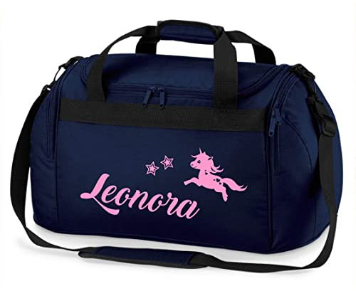 Sporttasche Mädchen mit Namen |springendes Einhorn und Sterne | Personalisierbare und Bedruckte Reisetasche Duffle Weekender Bag (dunkelblau)
