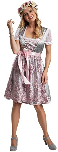 dressforfun Dirndl Damen Mini, kurzes Dirndlkleid mit Schürze aus Tüll mit Blumenstickerei, Trachtenrock Kleid, Trachtenkleid Damen für Oktoberfest, mit Dirndl Bluse Damen kombinierbar, Silber/rosa