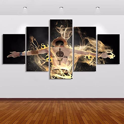 VEYEBZ 5 Stück Gerahmte Leinwand Malerei Kunst Abstrakte Modulare Poster 100×50Cm, Anime One Piece, Portgas-D- Ace Familie Schlafzimmer Wohnzimmer Dekor Möbel Hd Wandbild Drucken Geschenk
