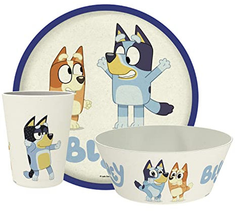 Zak Designs Bluey Kids Geschirr-Set, 3-teilig, langlebige und nachhaltige Melamin-Bambus-Teller, Schüssel und Becher sind perfekt für das Abendessen mit der Familie (Blau, Bingo, Bandit, Chili)