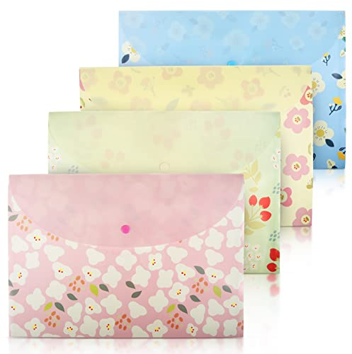4pcs A4 Files Folder, PVC Envelope Folder, Fresh Floral Document Bag | Document Folder with Snap Button for School Home Work Office