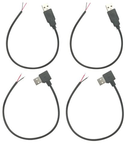USB 2.0 auf blankes Kabel,offene Kabelenden Strom,12 Zoll,30cm,5V, 22AWG,2 Kerne,Power Pigtail,Reparaturdose am Schwanz,Kabel,2 gerader Stecker und 2 rechtwinkliger L-Stecker für DIY-Projekte(Schwarz)