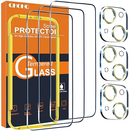 QHOHQ 3 Stück Panzer Schutz Glas für iPhone 15 Plus 6,7 Zoll mit 3 Stück Kameraschutz, 9H Härte Schutzfolie, Ultra-Klar Displayschutzfolie, Anti-Kratzer, Bläschenfrei-Gold