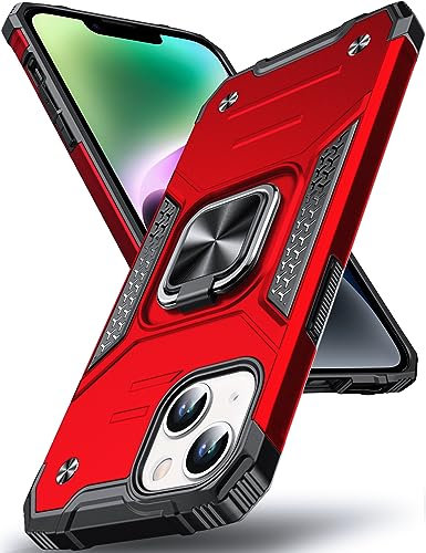 DASFOND Armor Hülle für 6,1 Case, Stoßfeste Militär Handyhülle [Upgrade 2.0] 360 Grad Metall Ring Halter Ständer Schutzhülle [mit Auto-Magnet], Rot