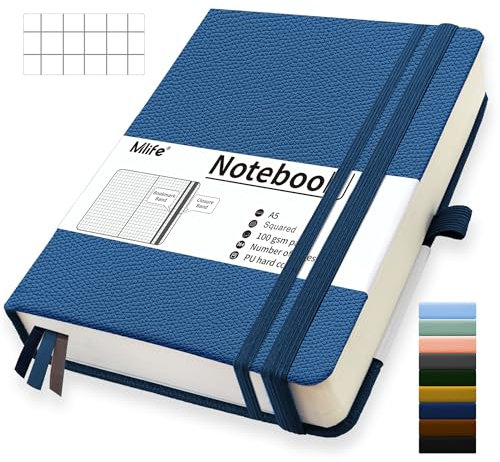 Mlife A5 Graph Paper Notebook,360 Pages Thickened Squared Notebook,Premium 100g/M² Ink Resistant Paper Thick,Pu Hard Cover Grid Notebook,Inside Pocket,Elastic Banded,Grid Paper for Writing&Diary(Blue)