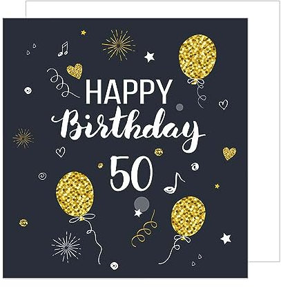 Edition Seidel Premium quadratische Glückwunschkarte zum 50. Geburtstag mit Umschlag. Geburtstagskarte Happy Birthday Karte Billet Mann Frau Luftballons Schwarz Gold (GZQ100-50)