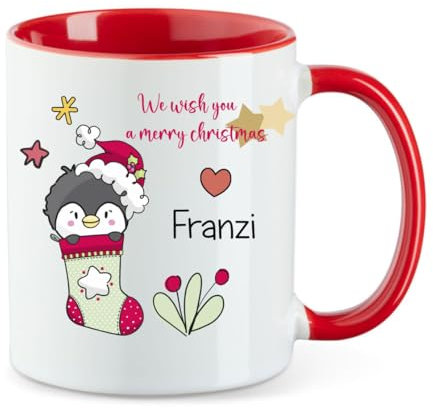 minimutz Taza infantil de Navidad con nombre, taza de café personalizada, taza de café de cerámica para niñas y niños, diseño de pingüino en calcetín de Papá Noel (rojo)