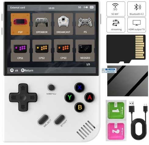 RG35XX Plus Consolas de Juegos Portátil , Support HDMI TV Output 5G WiFi Bluetooth 4.2 , 3.5 Inch IPS Screen Linux System Built-in 64G TF Card 5515 Games (White)