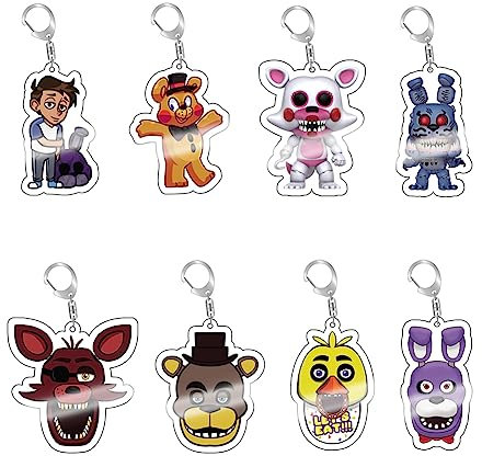 Jiumaocleu Lot de 8 porte-clés FNAF Five Nights Game - Pendentif pour cartable - Ornement à suspendre - Figurine de sécurité en acrylique - Accessoires pour fans, Type 1, 5CM