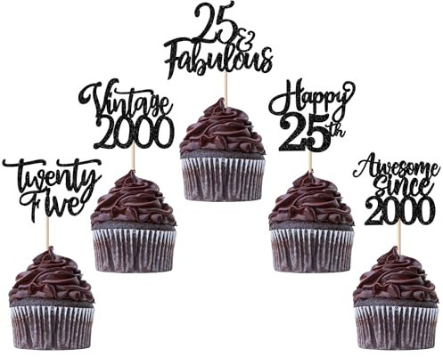 30 Stück Vintage 2000 Tortendeko Glitzer Happy 25th Twenty-five Awesome Since 2000 Cupcake Toppers 25 Fabulous Kuchen Deko für 25. Geburtstag Hochzeitstag Party Kuchen Dekorationen Schwarz