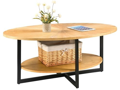 PADMA HOUSE Table basse ronde en bois massif - Table de salon - Structure en métal - Table basse à 2 étages - Montage facile pour le salon (bois naturel)