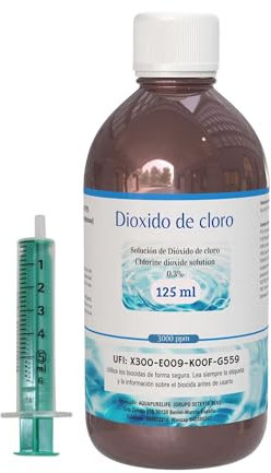 Dioxido de Cloro 3000ppm - CDS 0,3% - Envasado en Botella Cristal Ambar - Fabricado en España (125ml)