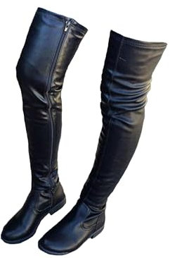 FUIPOT Stivali Dritti, Stivali sopra Il Ginocchio da Donna, Punta Tonda, Tacco Basso e Quadrato, Cerniera Laterale, Stivali sopra Il Ginocchio, Pelle Verniciata, vestibilità Slim,Nero,39 EU