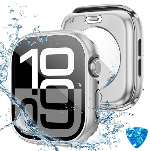 HWeggo [2 in 1] Wasserdicht Hülle für Apple Watch Series 11/10 Schutzhülle 46mm,360°PC-Abdeckung mit Hartglas Displayschutz,Vorderseite & Rückseite Stoßstange für iWatch 46mm (Silber)