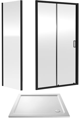 6mm Toughened Safety Glass Sliding Shower Door, Side Panel and Shower Tray - 1000 x 800 x 1900mm - Matt Black Frame - White Tray