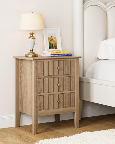 HEYZOEY Oak Finish Bedside Table, 3 Fluted Drawers, Country17.8×13.3×24 in | Modern country design with 3 smooth-gliding fluted drawers and gold knobs – practical storage for bedroom or living room