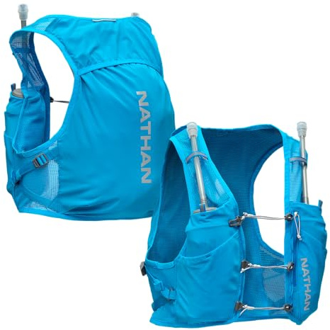 Nathan Unisex Hydration Vest - Lightweight, Quick-Fit Size Adjustment, Reflective, Includes Two 14oz Hydrapak Flasks, 4L Storage, 6 Pockets for Running Essentials, Pinnacle Breeze/Electric Blue, S-M
