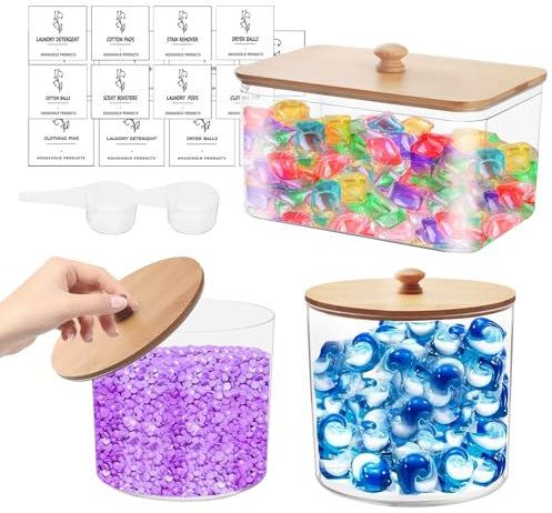 Set of 3 Clear Acrylic Laundry Pods Storage Container with Bamboo Cover and Laundry Scoop, Washing Tablets Storage Box with Laundry Labels, Laundry Jars, Home