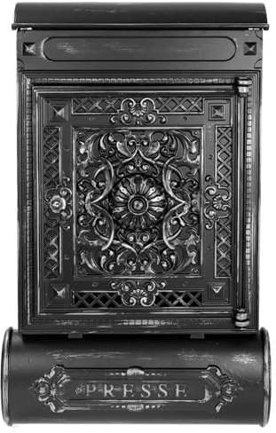 HMF 512-09 Briefkasten Antik mit Zeitungsfach, Vintage Postkasten aus Aluguss | 57 x 35 x 10 cm | Schwarz-Silber