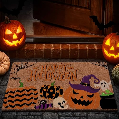 Lanpn Halloween Fußmatte Kürbis Kokosmatte, rutschfeste Schmutzfangmatte für Eingang/Terrasse, Gruselige Türmatte Innen Außen Bodenmatte Badezimmer Matte Badezimmer Wohnzimmer Dekor (42x75 cm)