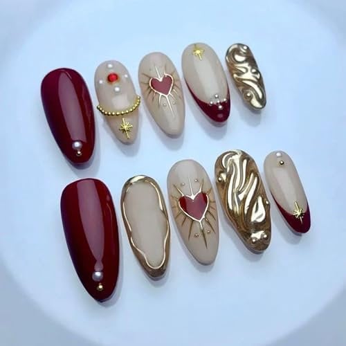 Shimmerz 24 Piece Heart Stickers Nails Medium Almond Nail Tips with Full Cover Dark Purple Charm Design 3D Gold Chrome Shine Star