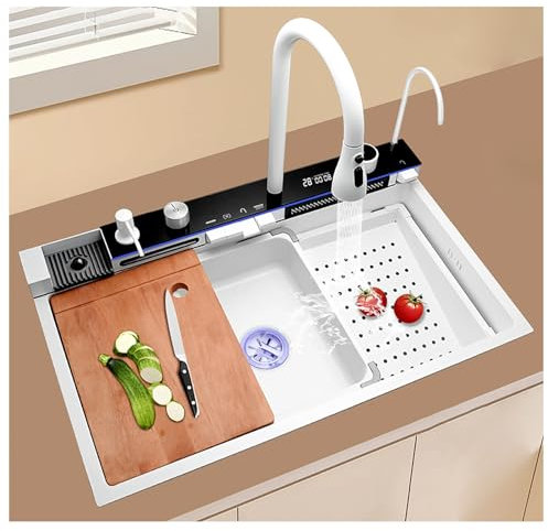 MZBDYYF Fregadero de cocina blanco de acero inoxidable, moderno, 80 x 46 x 23 cm, acabado cepillado, rectangular, 1 agujero, drenaje de elevación y giro