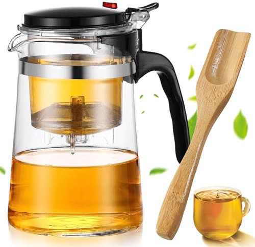 GBKDQQ Teiera in vetro con filtro da 500 ml, teiera per tè e caffè sfusi, teiera trasparente con colino in acciaio inox e cucchiaino, teiera sicura per tè Kungfu, bicchiere da tè con pulsante