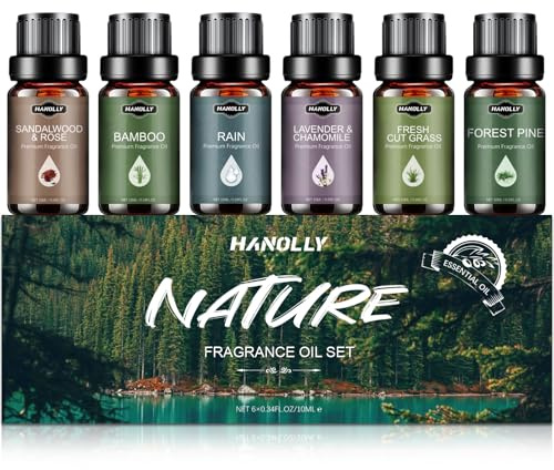 Hanolly Natur Ätherische Öle Set, 6 x 10 ml Duftöl für Diffuser, Kerzenherstellung – Sandelholz & Rose, Bambus, Regen, Lavendel & Kamille, Frisch Geschnittenes Gras, Waldkiefer