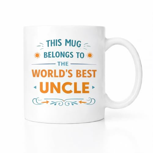 Brew Crew Gifts World's Best Uncle Mug, Ceramic Coffee Cup, White with Teal and Orange Design, Dishwasher and Microwave Safe, Birthday Gift