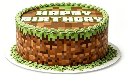 JJFtop Essbare Tortenaufleger Set - Essbare Kuchendeko Pixel Gras, Tortenaufleger Personalisiert & Tortenband für Jungen Geburtstag - Fondantpapier Deko für Minecraft Fans (4x Band + 1x Ø20cm Aufsatz)