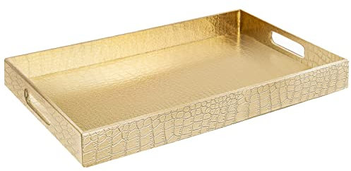 Home Redefined 18”x12” Rectangle Alligator Faux Leather Decorative Serving Tray with Handles, Gold