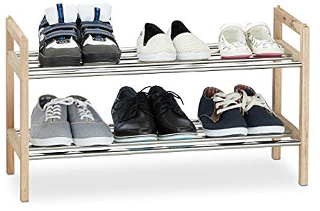 Relaxdays Zapatero para 6 Pares de Calzado, Madera de Nogal y Acero Inoxidable, 41 x 72 x 27 cm, Marrón