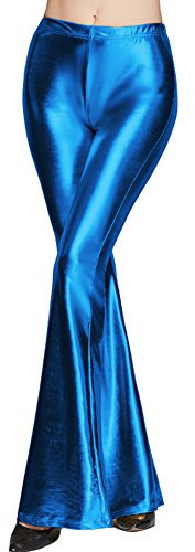 FYMNSI Damen Metallic Glänz Schlaghose Weite Bein Palazzo Hosen Hoher Bund Boot Cut Glitzer Lange Hose Schlanke Leggins Einfarbig Wet Look Stretch Leggings Tanzhosen Party Disco Clubwear Blau XXL