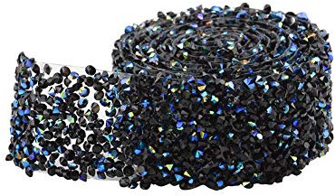 WANDIC, Nastro di Strass di Cristallo, 1 m di Colore Nero AB Glitterato Scintillante Nastro Decorativo per Abito da Sposa, 3 cm di Larghezza, Fusione a Caldo, Non Autoadesivo