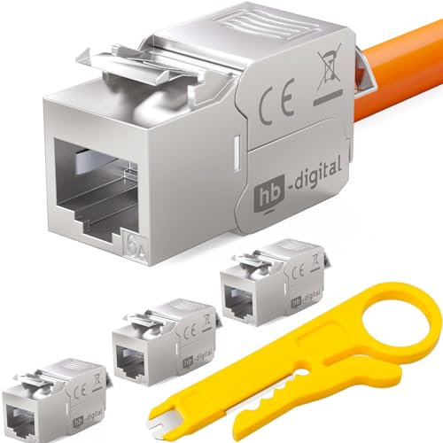 HB-DIGITAL 4x Cat.6a Keystone Modul RJ45 bis zu 500 MHz 10Gbits Cat6a Netzwerk Einbaubuchse STP Kupplung für Patchpanel Verlegekabel LAN Ethernet werkzeuglose Montage + Anlege-Abisolier-Werkzeug