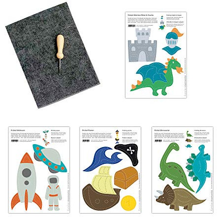 Familienmomente Bastelset zum Prickeln Jungen (1x Weltraum, 1x Ritter/Drache, 1x Pirat, 1x Dinosaurier) DIN A5, 100% Recyclingpapier mit Prickfilz und Prickelnadel
