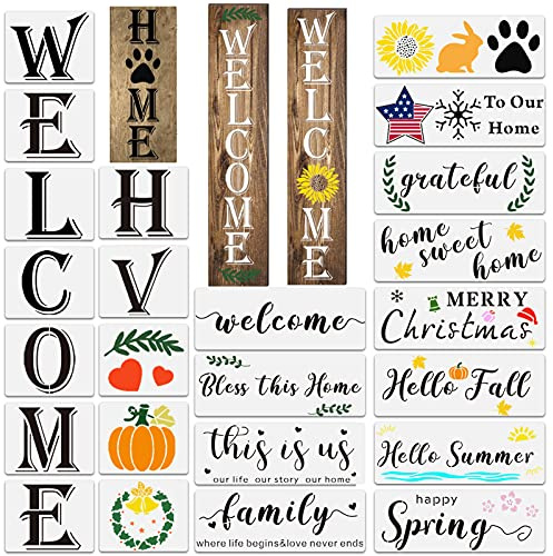 Welcome Stencil for Painting on Wood, Reusable Large Vertical Welcome Sign Stencil for Front Door, Porch Sign or Outside Decor, Christmas Letter Stencils, Seasonal Stencil for Wall, Art & DIY Crafts