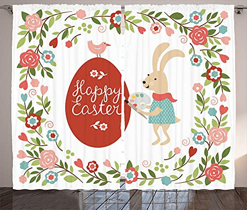 ABAKUHAUS Ostern Rustikaler Vorhang, Ei-Häschen Bloom Blumenfeld, Wohnzimmer Universalband Gardinen mit Schlaufen und Haken, 280 x 225 cm, Rot und Coral