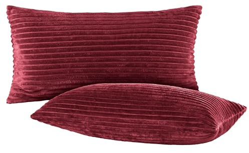 BaSaTex Winter Plüsch Kissenbezüge Kissenhüllen | 2er Pack 40x80 cm | Cashmere-Touch Coral Fleece,Rip-Cord“ | Sofakissen Couchkissen Zierkissenbezug | Reißverschluss | Bordeaux