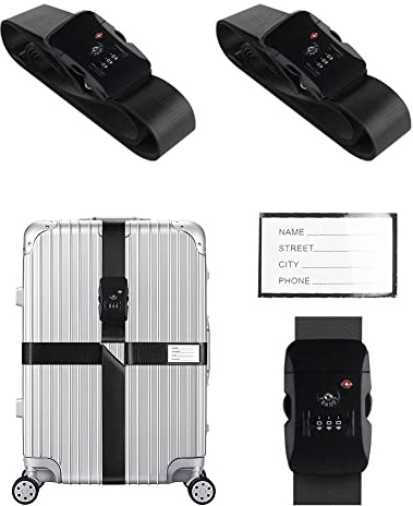 Veki Ensemble de Sangles de Bagage Croisées, Approuvées TSA avec Verrou | Ceintures de Valise de Voyage Réglables, avec Carte d'identification et Sangles de Rangement pour Valises, Noir 2pièce
