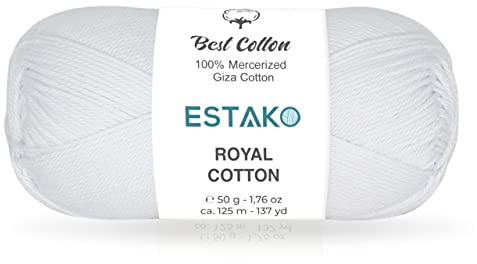 Estako Royal Cotton, 100% Mercerized Giza Cotton Yarn, Soft, Super Fino 1 for Crochet and Knitting 1.76 Oz (50g) / 137 Yrds (125m) (5050 - White)