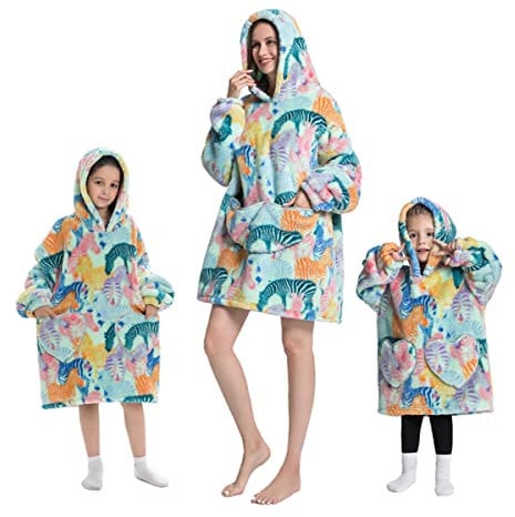 Geagodelia Oversized Fluffy Fleece Hoodie for Women Kids - Hooded Blanket with Big Front Pocket - Family Matching (Colorful - Zebra, 6-10 Years)