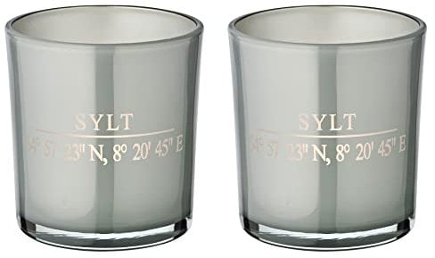 EDZARD 2er-Set Teelichtgläser Sylt (Höhe 8 cm, Ø 7,5 cm) in Grau | Windlicht mit Sylt-Koordinaten – Dekorative Geschenkidee für Sylt-Liebhaber