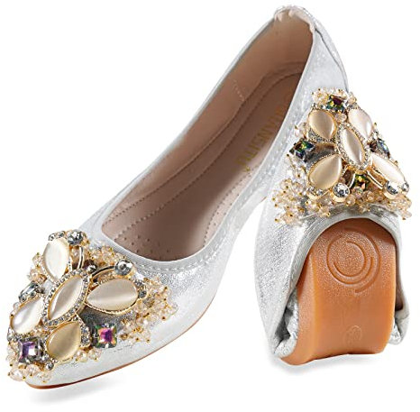 MACHSWON Womens Fold up Pumps Roll up Shoes Foldable Ballet Flats with Sparkly Rhinestone, Portable Ladies Slip On Loafers(Silver-2, Size 7)