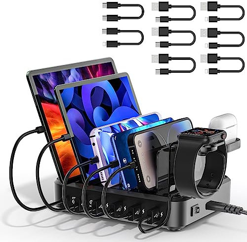 ZWOOS 68W/12A USB Ladestation mit 6 Anschlüssen und 20W PD Schnellladung für iPhone 14/13, 2-in-1 iWatch Halterung, inklusive 8 Kabel für Telefone, Tablets und andere Geräte