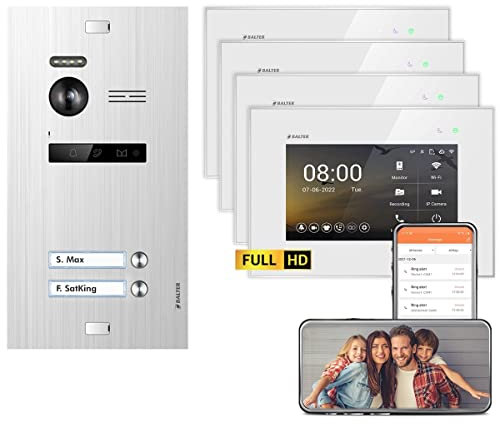 BALTER EVO HD Silber/Weiß WiFi Video Türsprechanlage Set für 2 Familienhaus (1x Türstation mit Full HD-Kamera, 4X Touchscreen 7 Zoll Monitor, Smartphone APP, 2-Draht, 175° Weitwinkel)