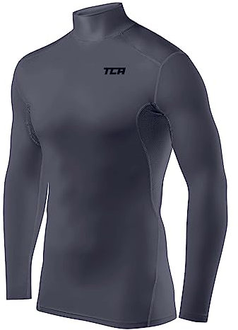 TCA Herren HyperFusion Kompressionsshirt Atmungsaktiv Langarm Funktionsshirts Schnell Trocknend Sportshirt Laufshirt - Mock Neck - Dunkelgrau, XL