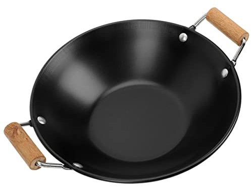 RORPOIR Wok en métal en acier inoxydable pour Shabu Hot Pots chinois Wok japonais Shabu Sauteuse en acier inoxydable Poêle à frire profonde multifonction en bois