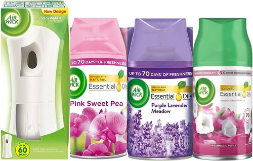 Airwick Air Wick Freshmatic Discovery Pack | White Gadget + Automatic Air Freshener Spray Refills, 250ml (Purple Lavender Meadow + Pink Sweet Pea + Smooth Satin & Moon Lily)